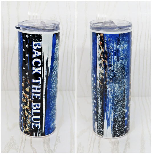 Back the Blue Police Flag Tumbler – 20 oz Stainless Steel Drink Cup with Lid & Straw