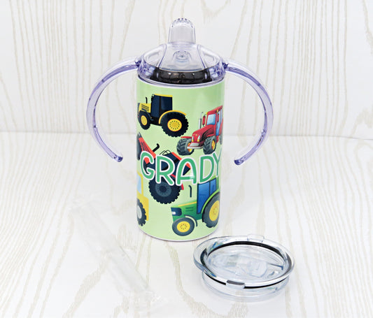 12 oz Stainless Steel Sippy Cup - Boys Tractor Motorcycle Water Bottle - Insulated Reusable - Straw - Personalized Custom with Handle