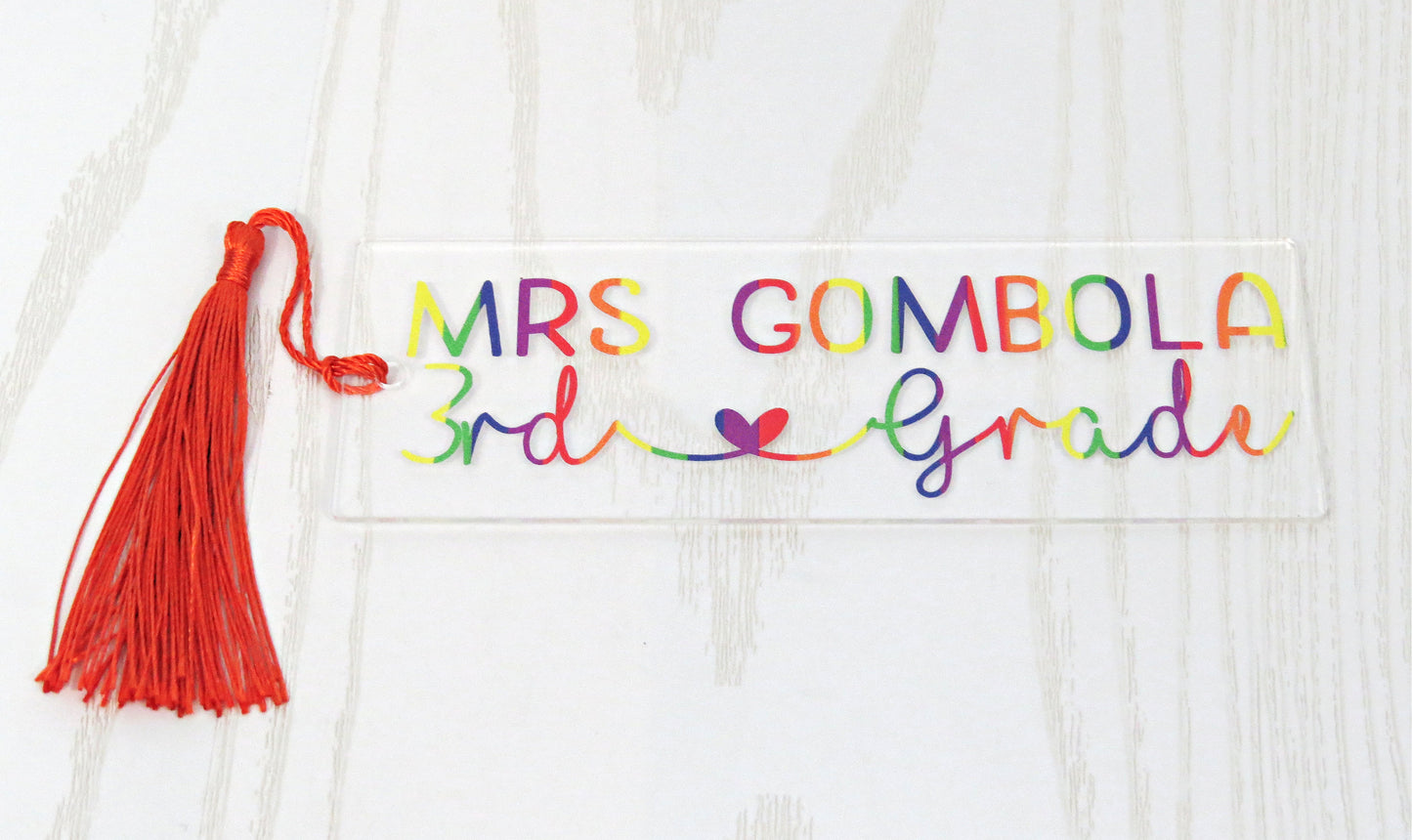 Personalized Rainbow Teacher Bookmark – Custom Name & Grade with Tassel