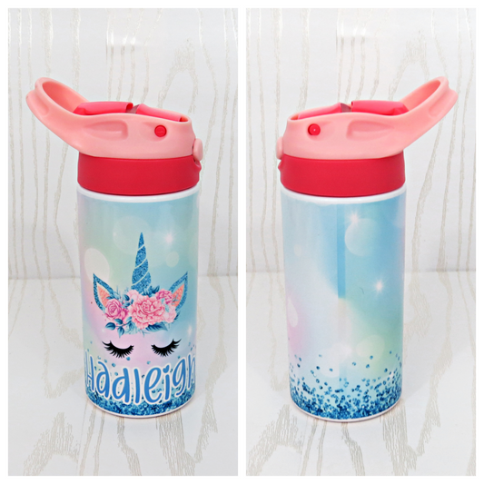 12 oz Stainless Steel Personalized Unicorn Horn Tumbler - Girls Water Bottle - Flip Top - Insulated Reusable - Straw - Custom with Handle